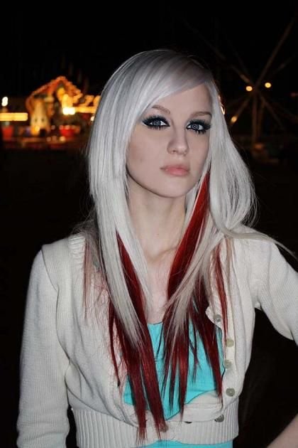 Platinum blonde hair with red streaks