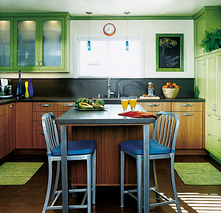 Small-Kitchen-Ideas-Yellow-Cabinet-And-Blue-Chairs