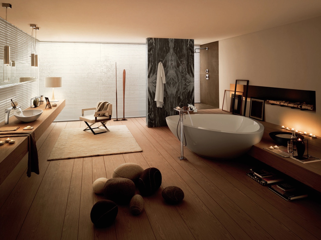 Bathroom-Design-with-Modern-Bath-Tub-Little-Stone-Chair-Fur-Carpet-Art-Door-Unique-Lamp-Laminated-Long-Table-and-Floor