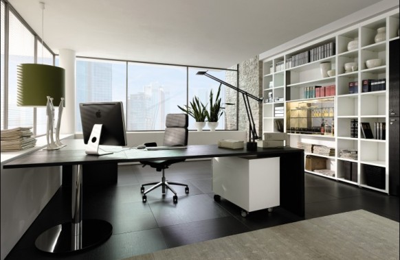 Modern home office with L-shaped glass desk