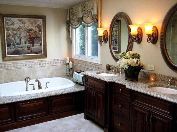 Remarkable-traditional-bathroom-decorating-ideas-with-beautiful-picture-wall-design-and-white-bathub