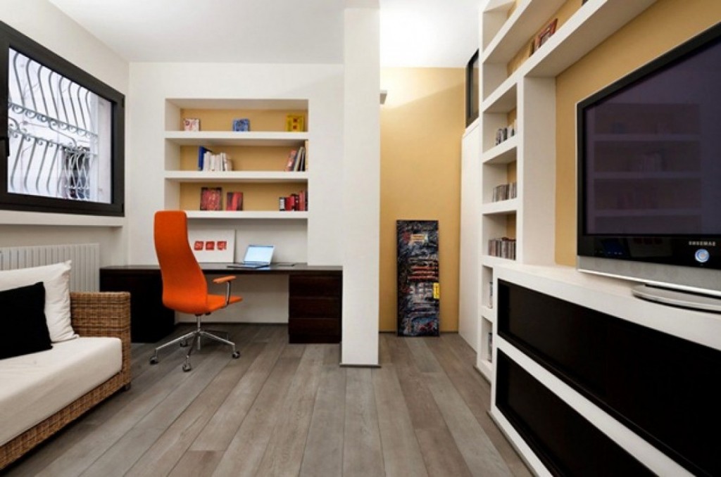 Small-Modern-Home-Office-Ideas-Orange-Office-Chair-Wooden-Floor
