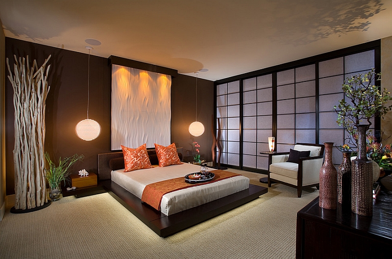 Stunning-Asian-style-bedroom-with-platform-bed-and-pendant-lights