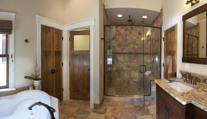 Wood-Door-in-Beautiful-Craftsman-Bathroom