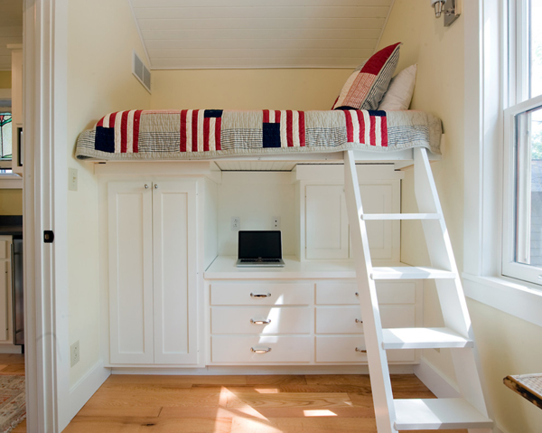 appealing-small-bedroom-in-white-scheme-combine-with-loft-bed-design-plus-white-wooden-drawer-and-pale-yellow-wall-paint-as-well-as-staircase-on-wooden-floor