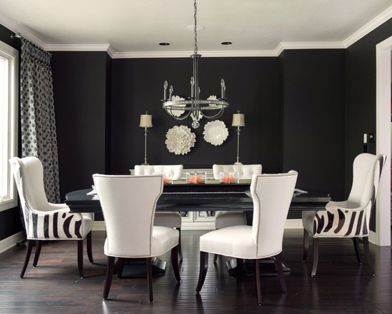 captivating-modern-dining-room-with-black-and-white-furniture-set-also-wonderful-chandelier-design-also-black-wall-color-and-white-ceiling-color-also-dark-brown-laminate-floor