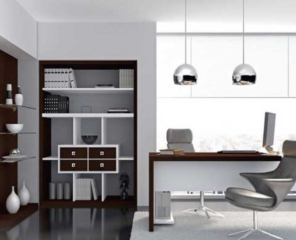 excellent-modern-home-office-design-with-elegant-silver-pendant-lamp-ideas-and-spacious-storage-space