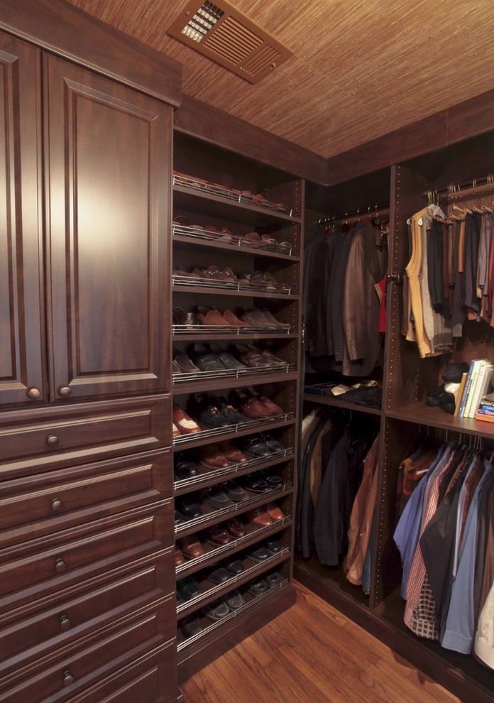shoe-racks-for-closets-Closet-Traditional-with-dark-wood-cabinets-hanging-rods