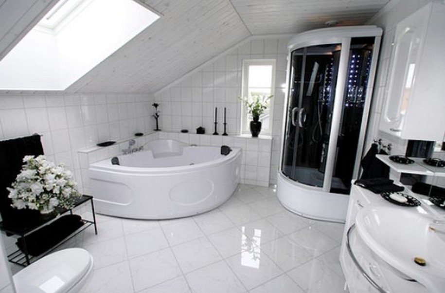 stylish-black-and-white-bathroom-design-with-skylights-ideas-and-corner-small-shower-area-with-modern-bathtub-and-tile-white-flooring