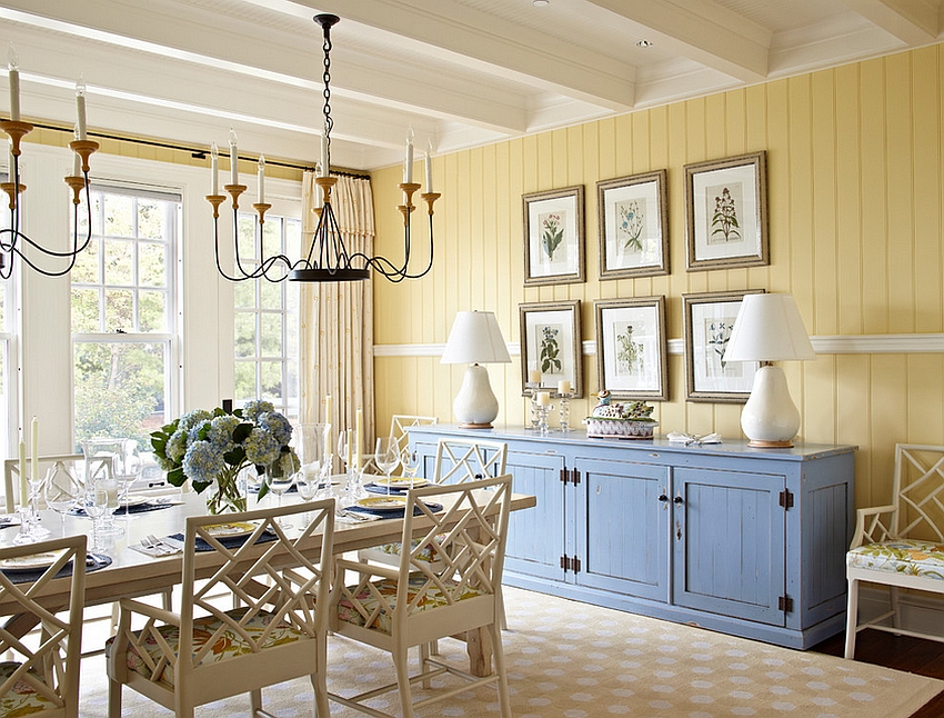 Beach-style-dining-room-in-yellow-with-a-pop-of-blue