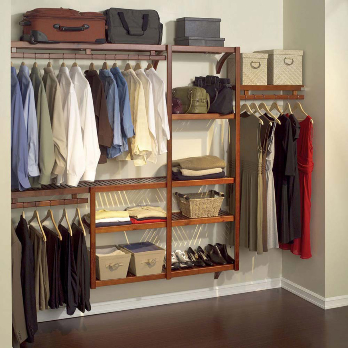 Cute-apartment-closet-ideas-with-wooden-rack-and-shelves-for-storing-shoes-and-shirt-closet-shoe-storage-ideas