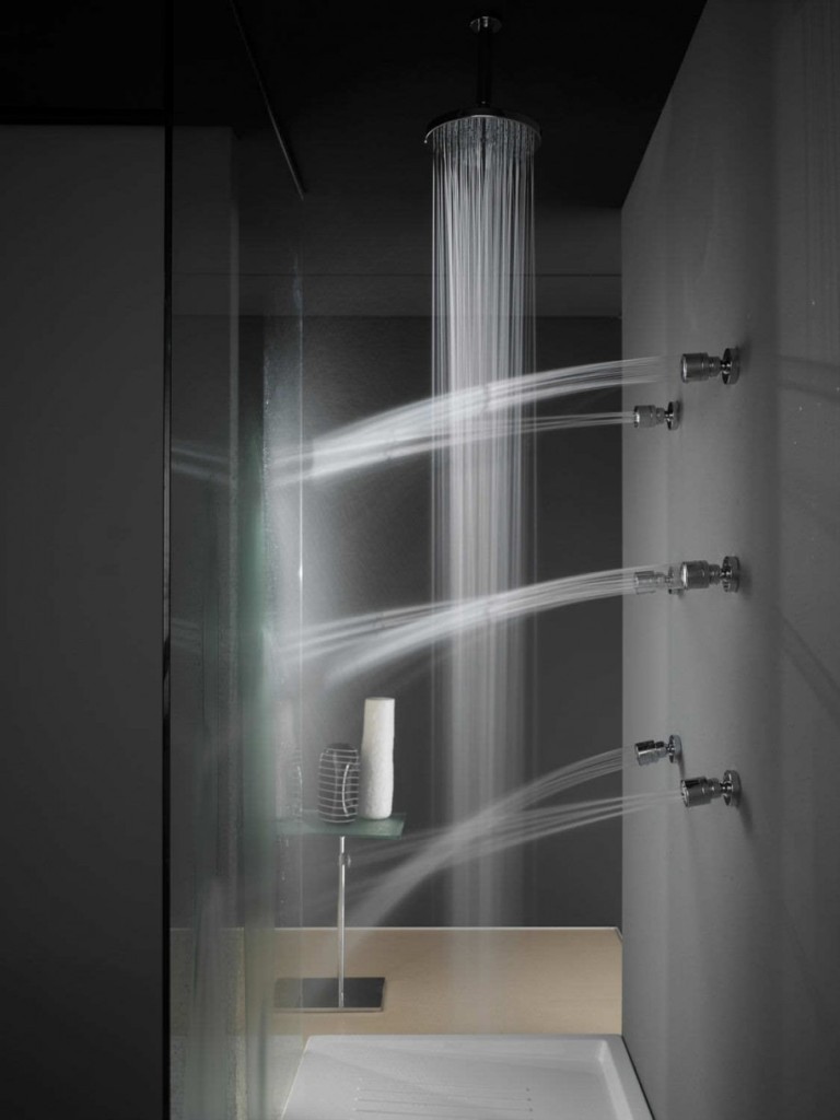 Elegant-Minimalist-Bathroom-Ideas-with-Chrome-Brass-Ceiling-Mount-Rain-Shower-also-Wall-Mounted-Shower-on-Dark-Wall-Tile-Pattern-Ideas-915x1220