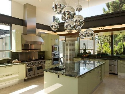 Fresh-Green-Mid-Century-Kitchen-Design-with-Granite-Island-and-Unique-Bright-Hanging-Luminous-Ball-Lightings