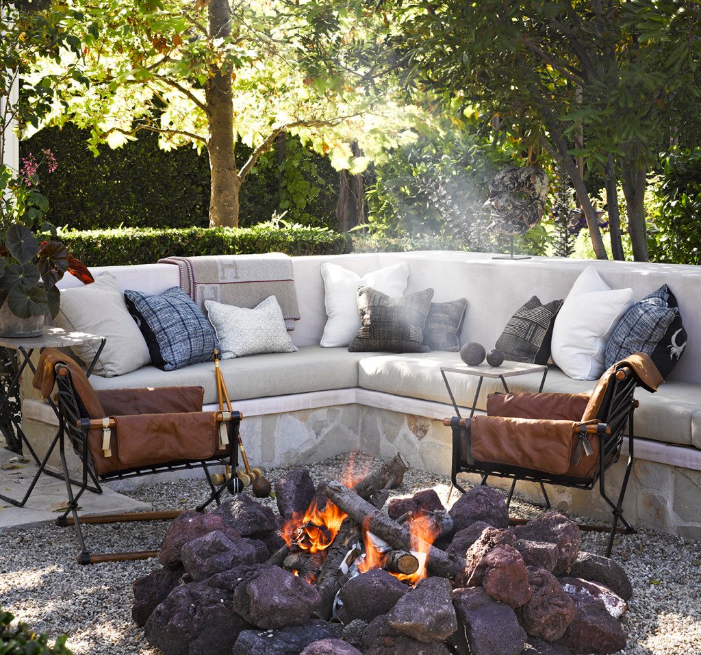 admirable-beach-style-patio-design-idea-with-fireplace-gray-sofa-and-black-white-throw-pilows-fantastic-beach-style-patio-design-ideas