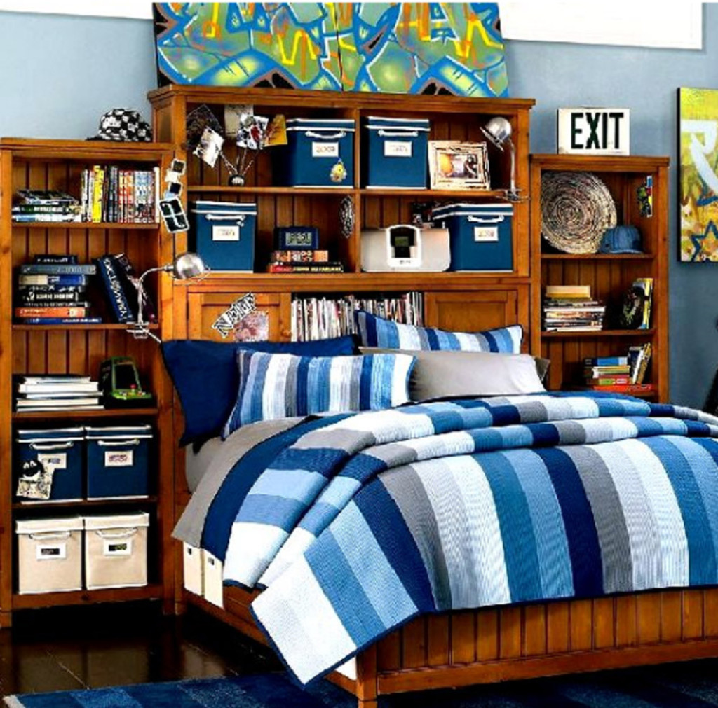 boys-bedroom-astonishing-wooden-bed-set-with-built-in-bookshelf-design-and-cool-grafitti-painting-and-blue-stripes-bed-sheets-awesome-teenagers-boy-bedroom-ideas
