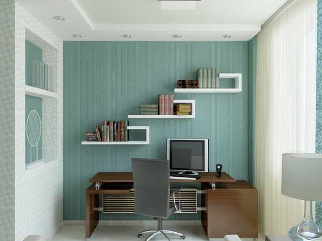 divine-industrial-home-office-design-ideas-with-blue-wall-paint-and-unique-wall-shelves