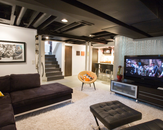 how-to-make-a-tray-ceiling-in-industrial-basement-with-white-fur-rug-elegant-black-sofas-wooden-cabinet-unique-chair-and-plafondlamp