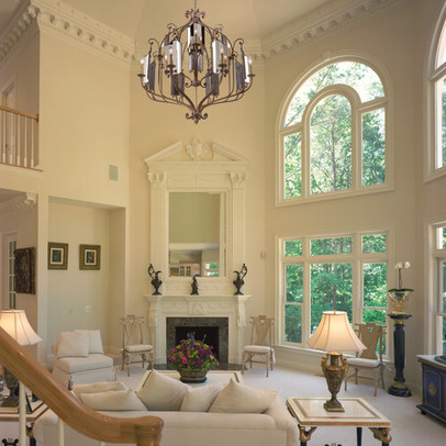 traditional-living-room with tall ceiling
