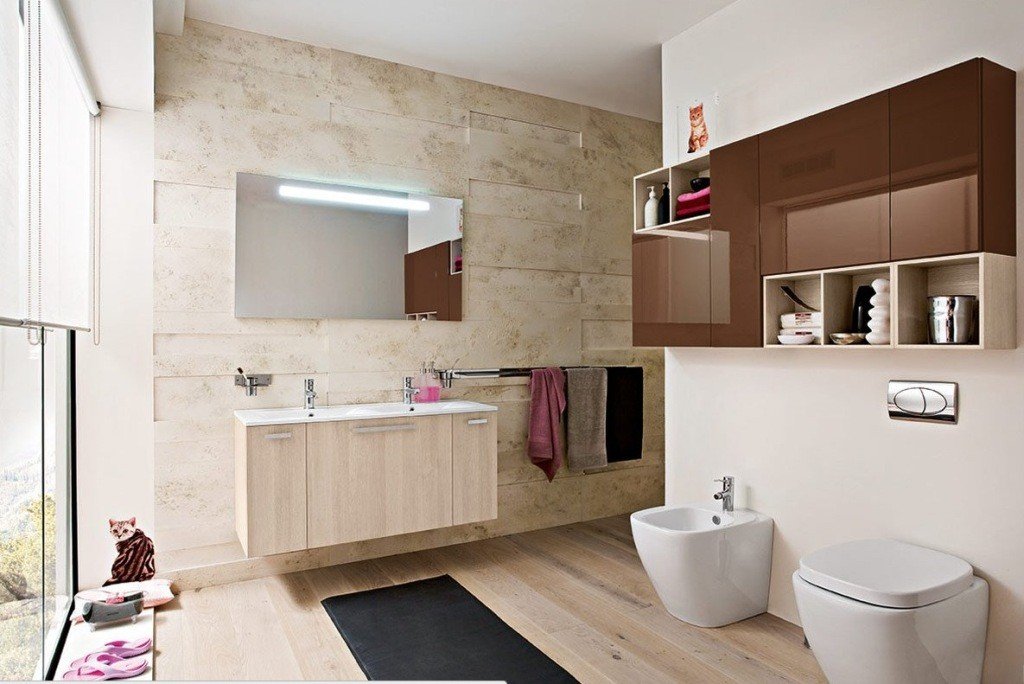 Modern-Bathroom-Ideas-With-Wooden-Vanities-nd-Red-Cabinet-Wall-Mounted