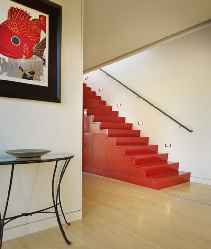 Wonderful-Stair-Design-Red-Color-with-Fish-Paint-and-Wooden-Floor