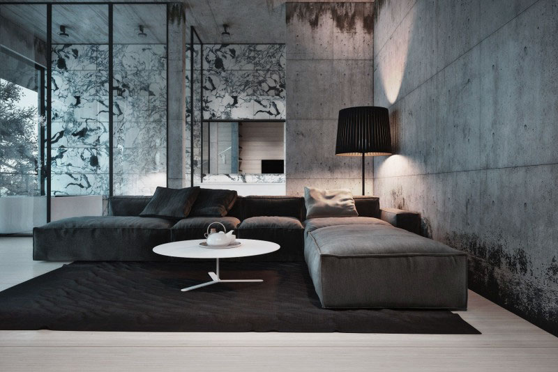 living room concrete walls