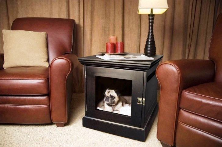 Stylish-dog-bed-and-crate-built-into-a-small-table