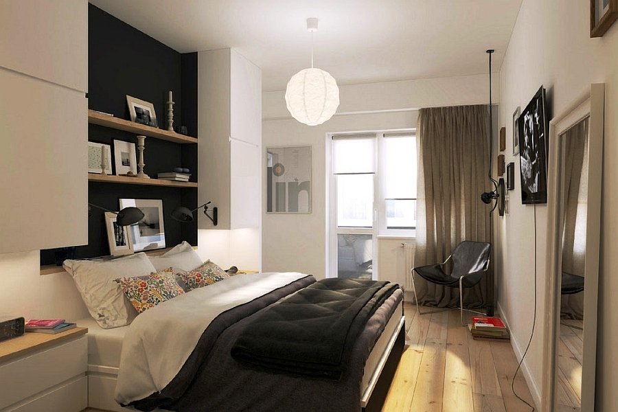 Small-bedroom-in-Russian-apartment-with-smart-shelves
