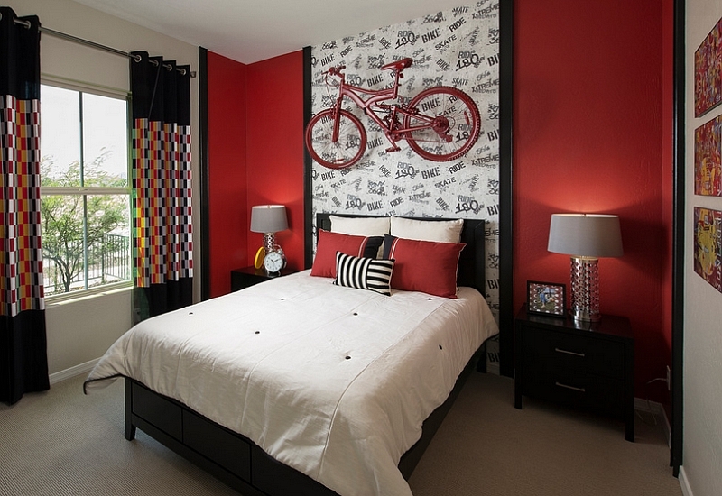 Ingenious-bedroom-in-black-and-red-with-a-wall-mounted-bike