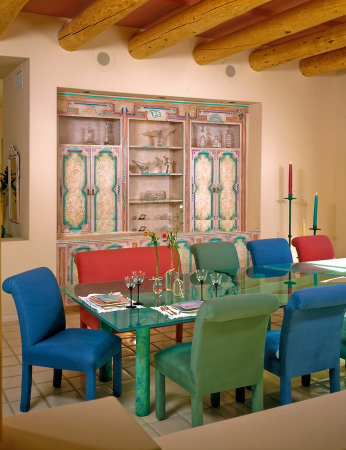lovely-sante-fe-colorful-dining-room-inspiration-wood-ceiling-beams