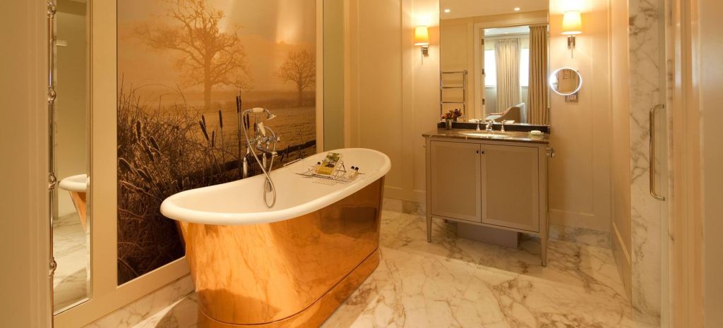 Luxurious bathroom with cooper bathtub.