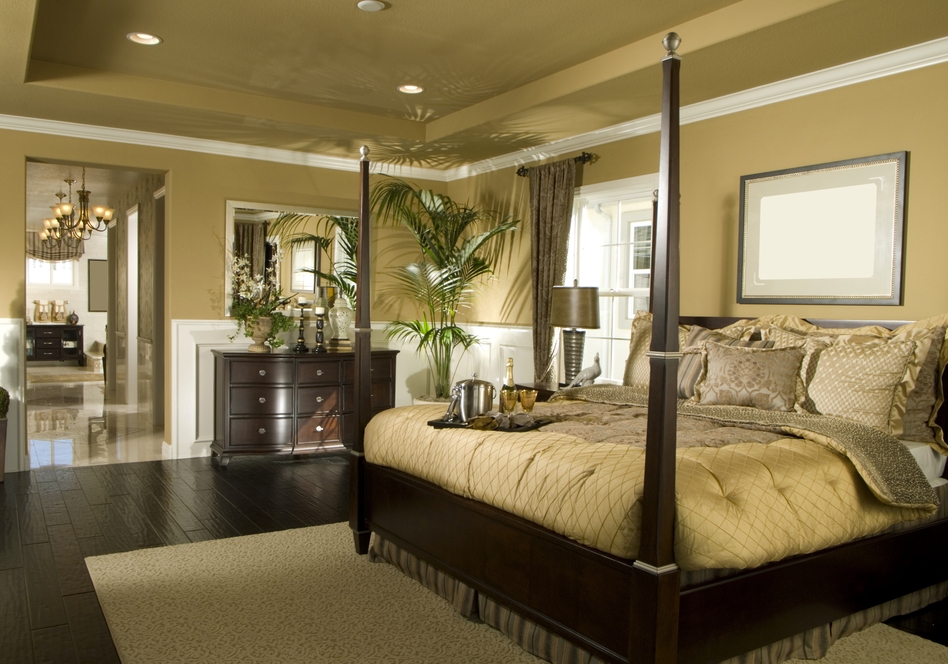 Spacious brown and white bedroom