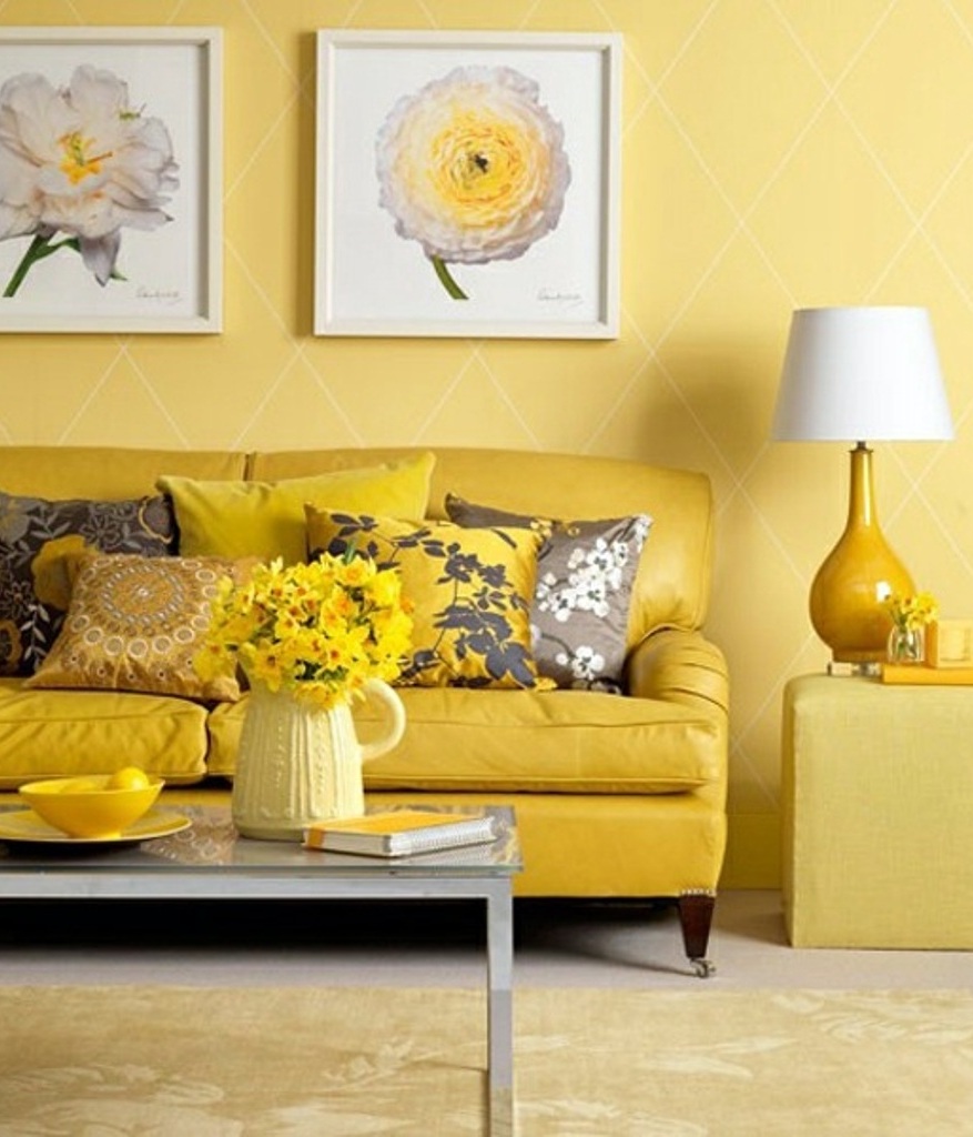 Living Room, Floral Painting Design With Pale Yellow Wall Color