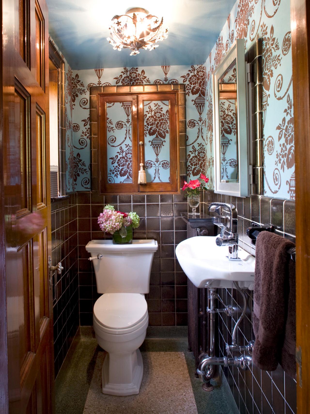 Traditional Powder Room With Brown-and-Blue Wallpaper