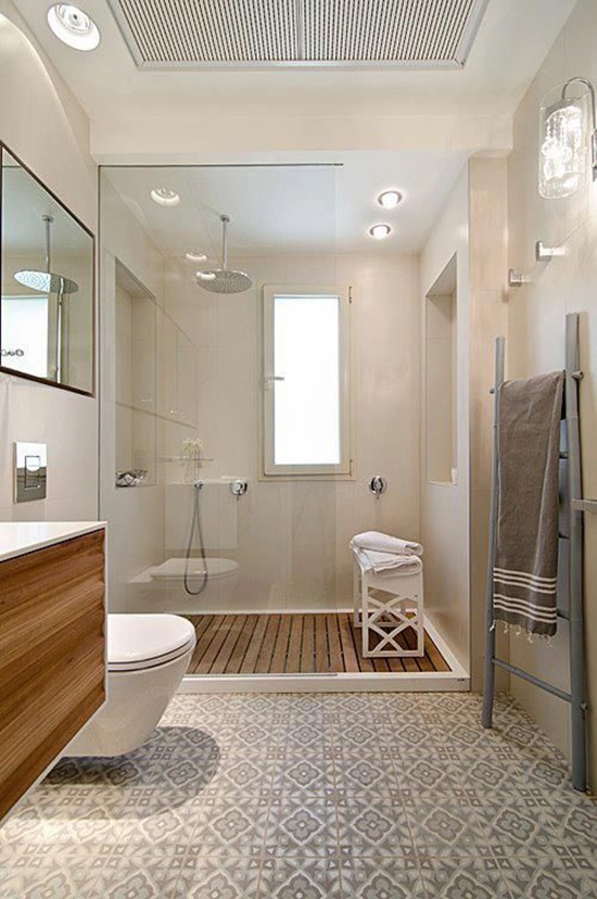 Modern bathroom with geometric tiled floor