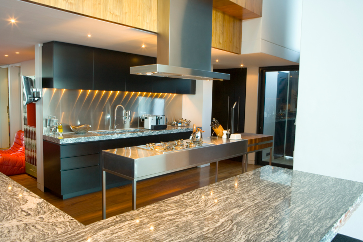 Modern kitchen with stainless steel island