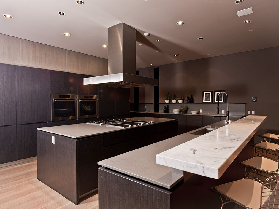 modern kitchen interiors with dark brown furniture