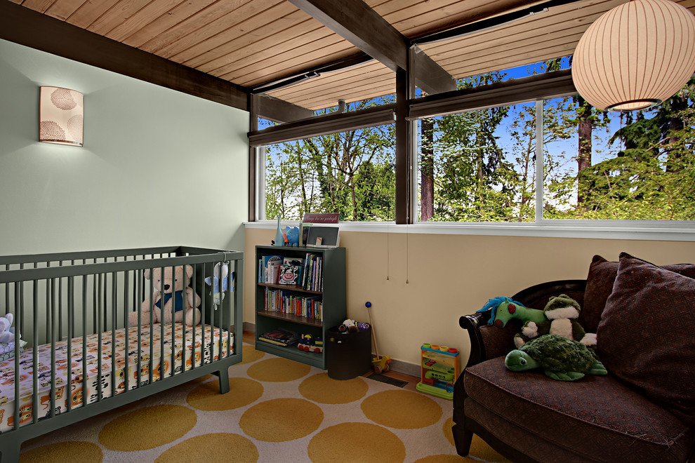 Iron Crib in Midcentury Kids Bedroom