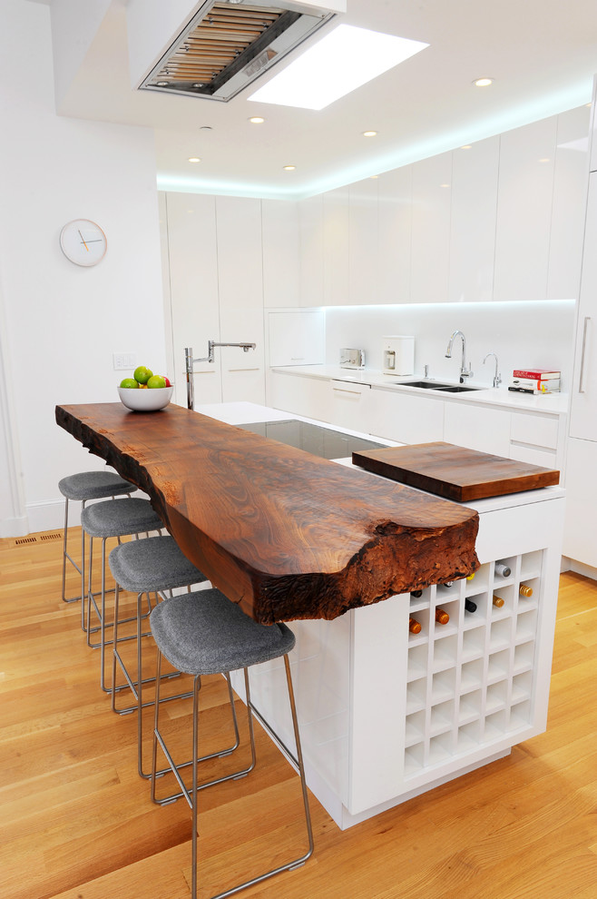 All White Eclectic Kitchen With Wood Slab Kitchen Bar