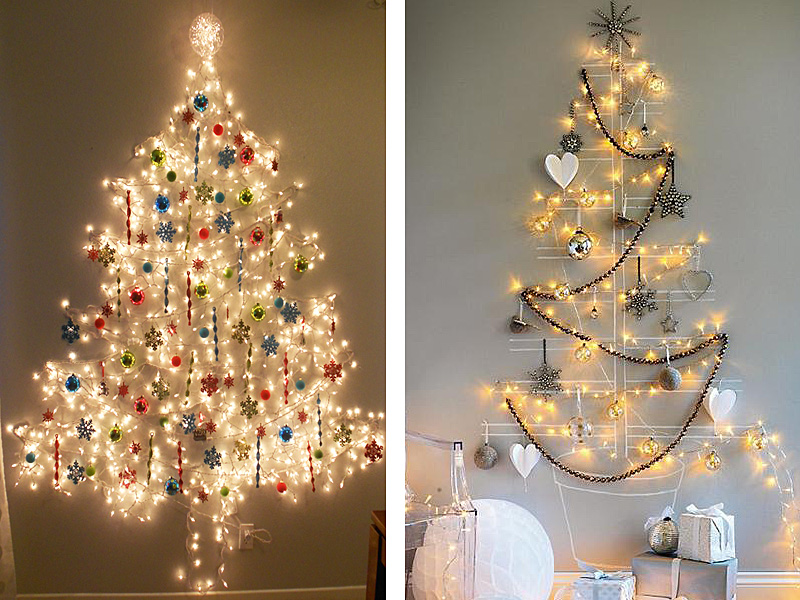 Christmas tree from wall, chalk and string lights Thewowdecor