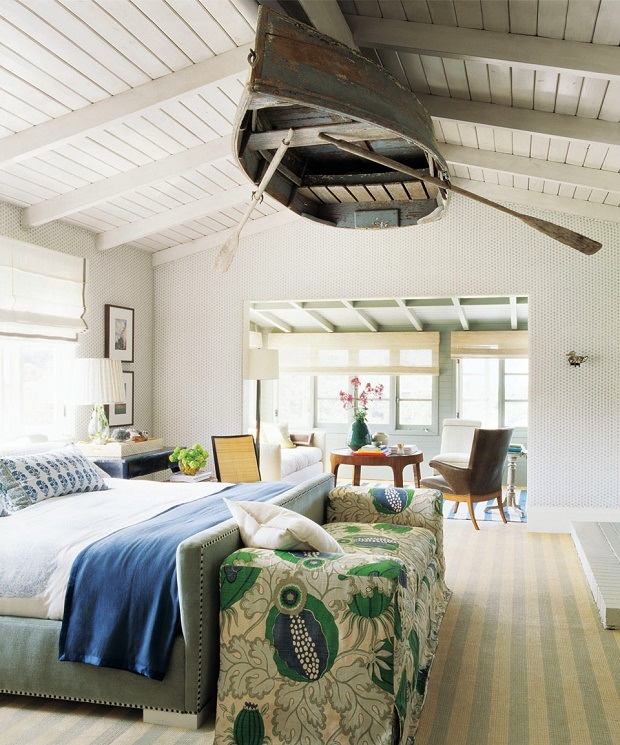 Beach Style Bedroom With Wooden Boat Ceiling Thewowdecor