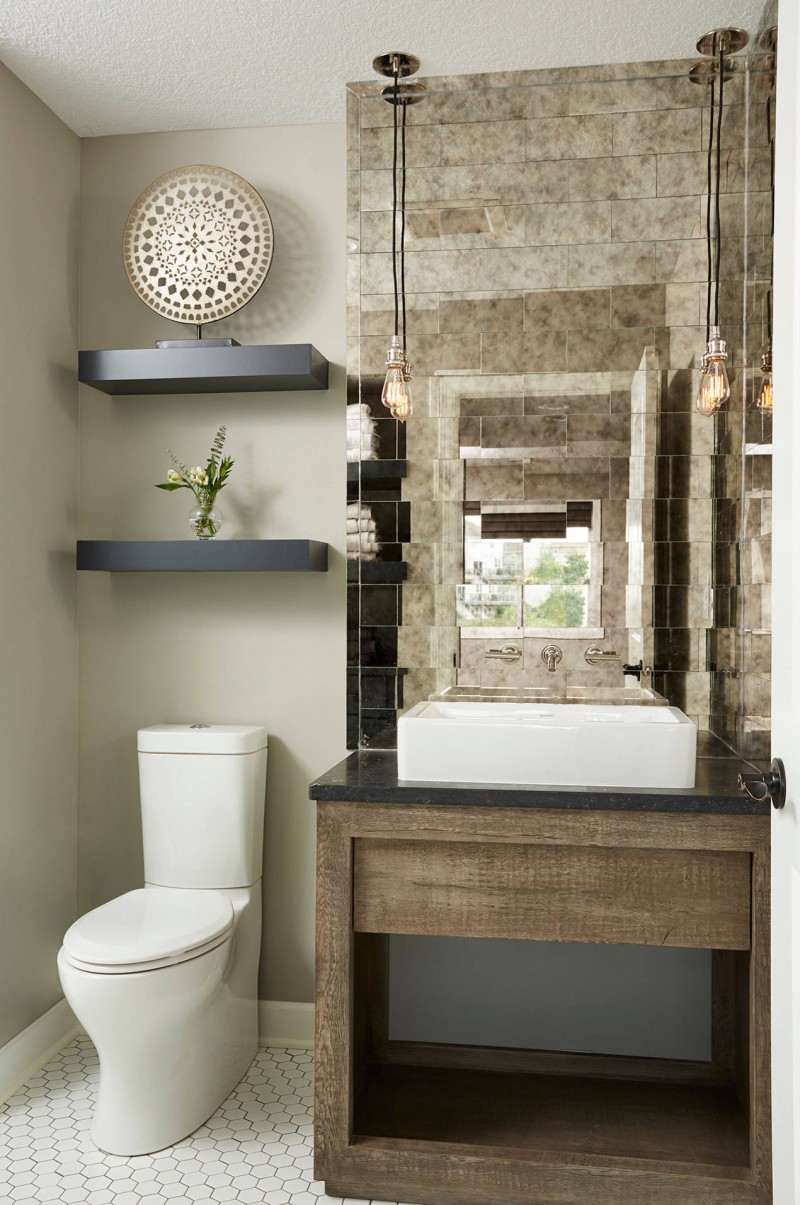 glass-mirror-tiles-vessel-sink-wood-vanity-ceiling-lights-black-floating-shelves-closet