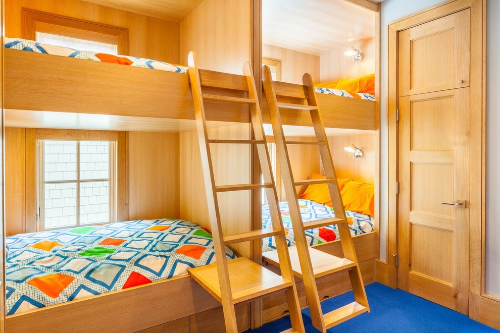 Blue Floor Bedroom With Wooden Bunk Beds Thewowdecor