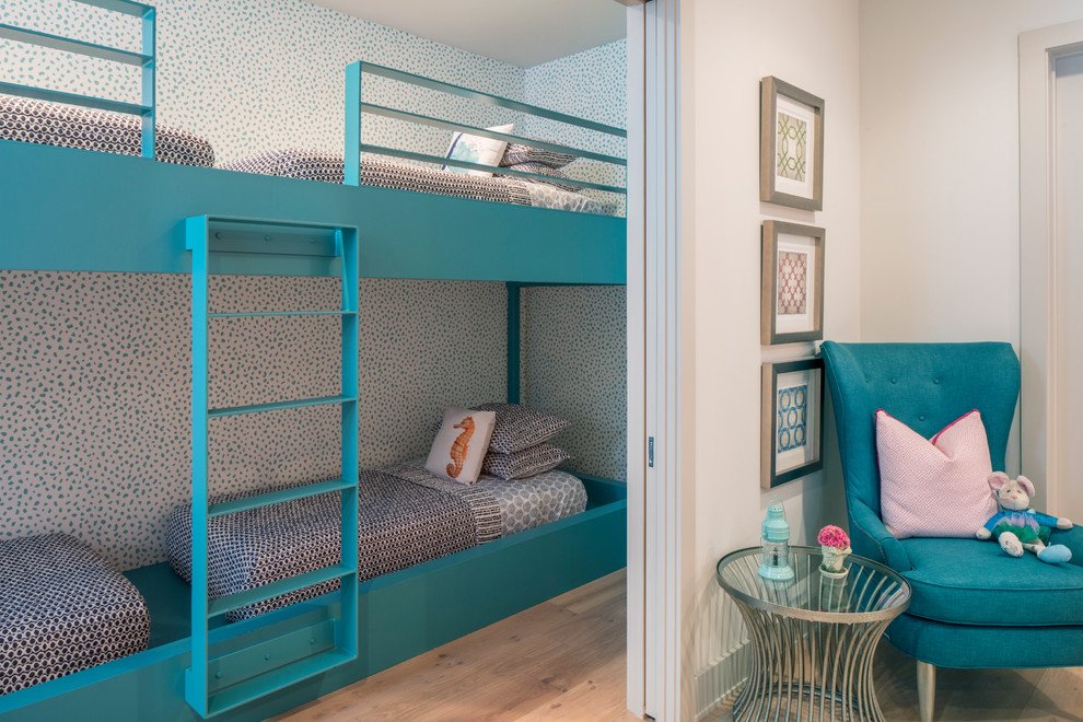 Coastal Style Room With Bunk Beds & Pocket Door thewowdecor