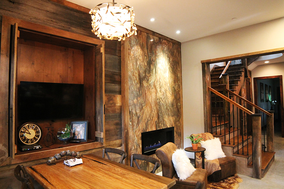 Farmhouse Style Dining Room With Fireplace