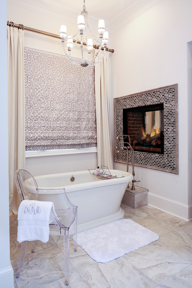 Transitional Bathroom With Fireplace Over Bathtub