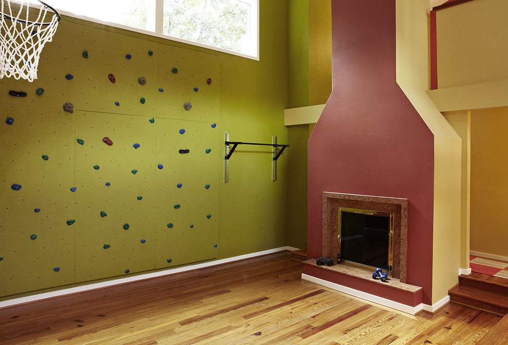 Transitional Home Gym Fake Fireplace Design