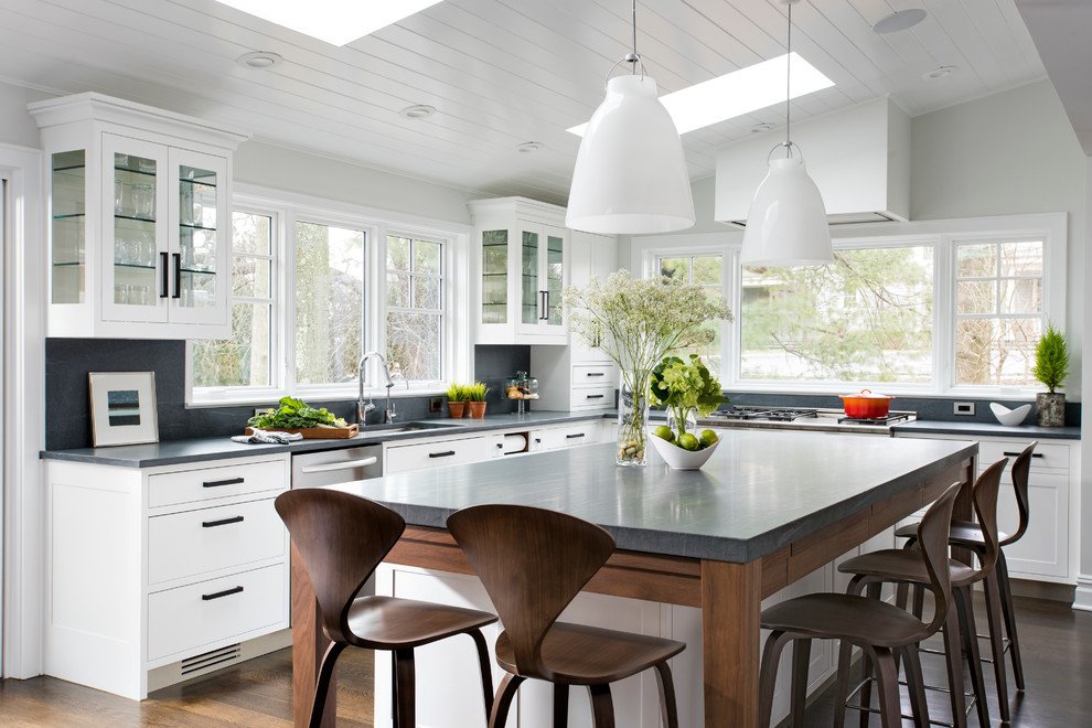 Transitional Style Kitchen With Limestone Countertops